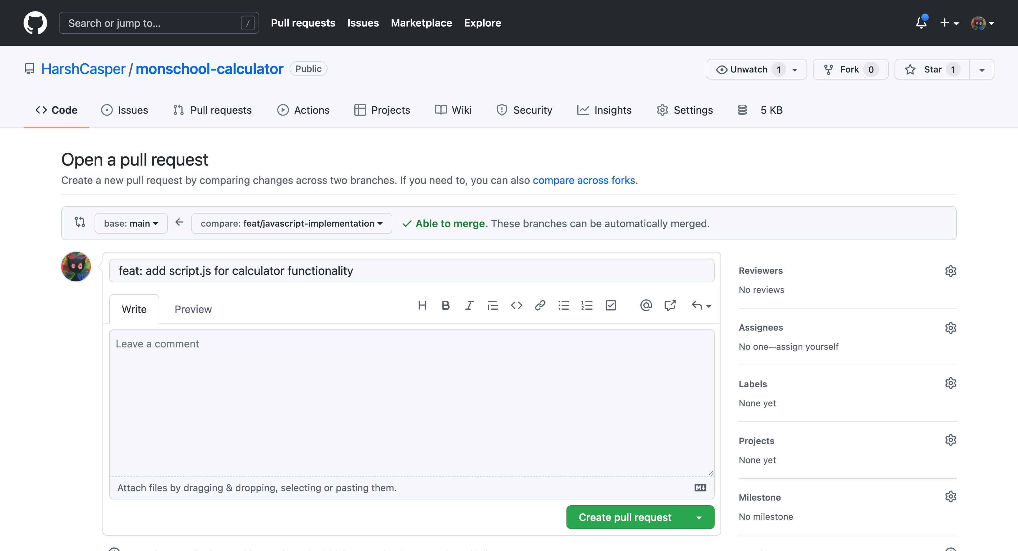 MonSchool Calculator Pull Request Form Page