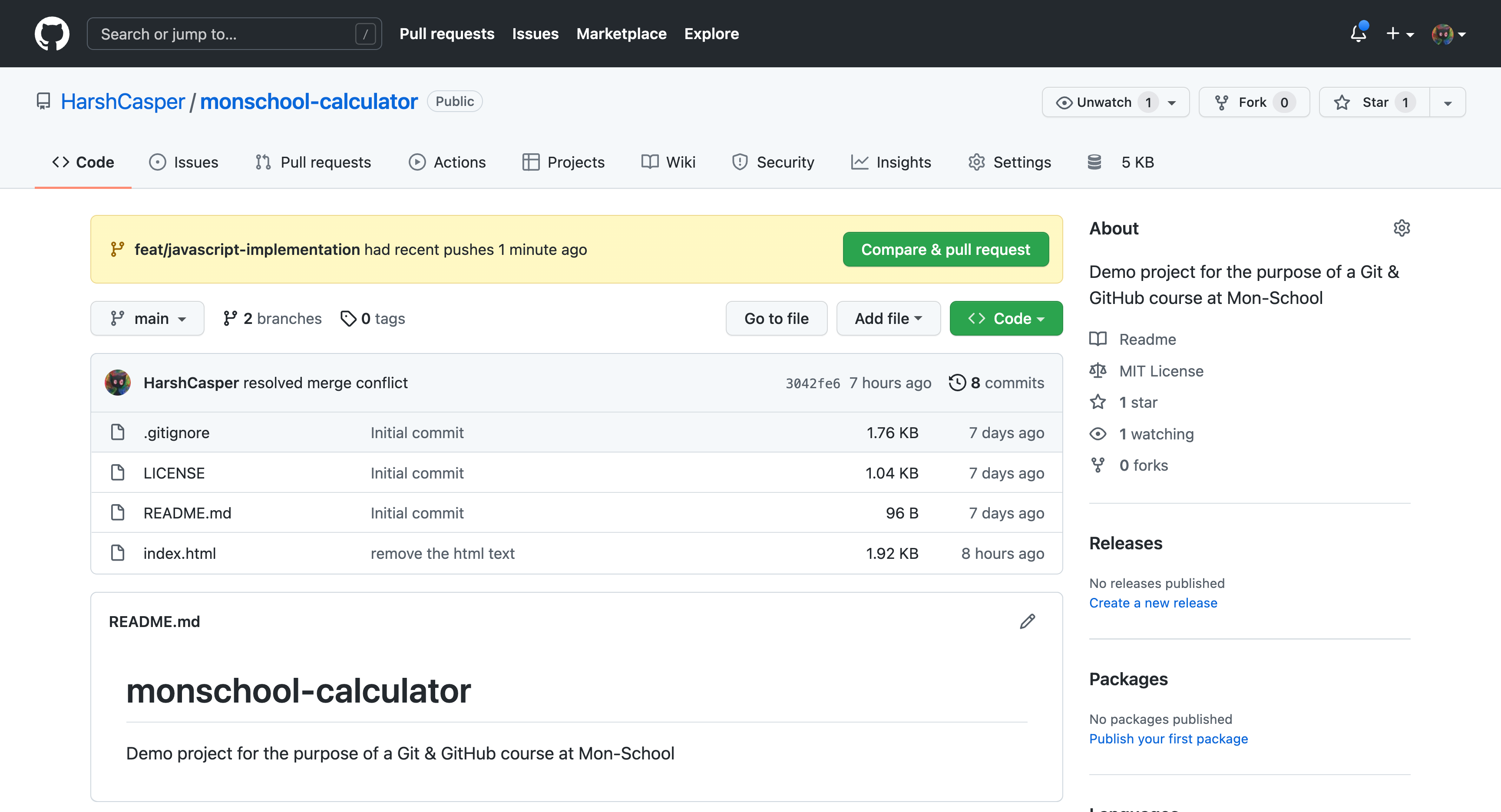 MonSchool Calculator Pull Request button snap